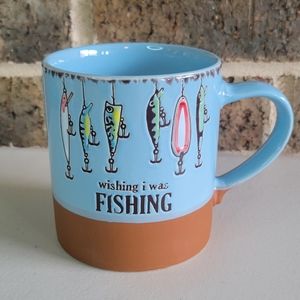 WISHING I WAS FISHING Stoneware Mug 18 oz Fish Lures Blue Brown Spectrum Designz